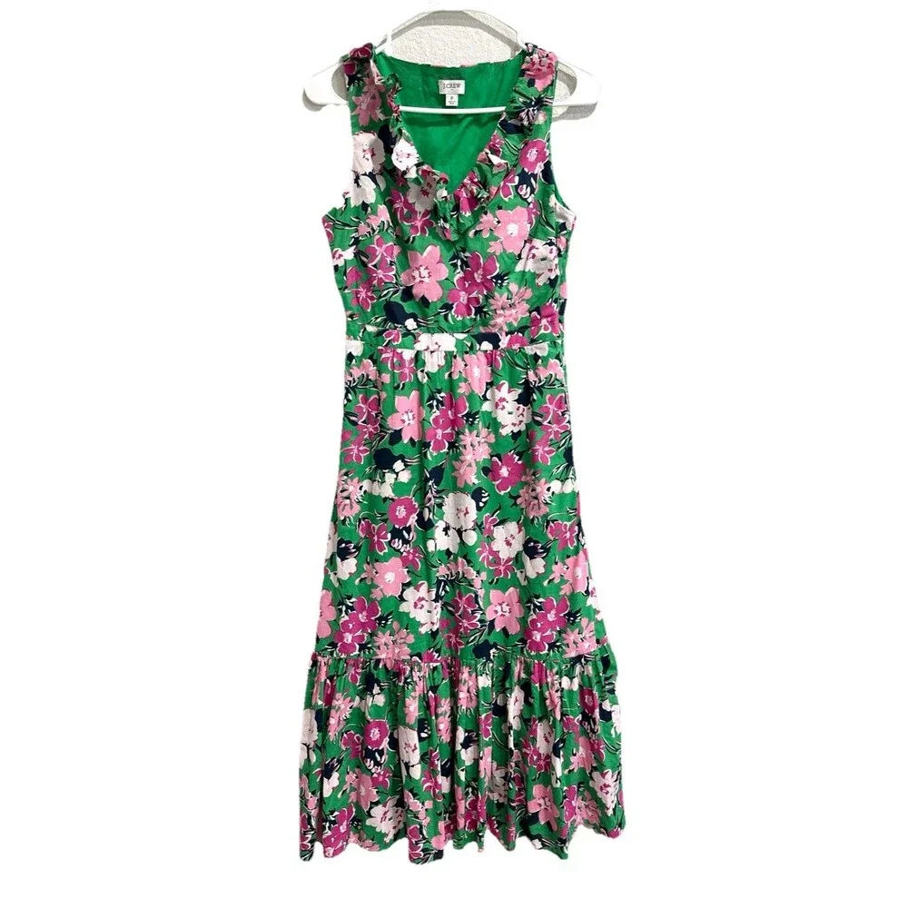 J. Crew Ruffle V-Neck Midi Dress Green Pink Size 2 Floral 100% Cotton Lined - Picture 3 of 9